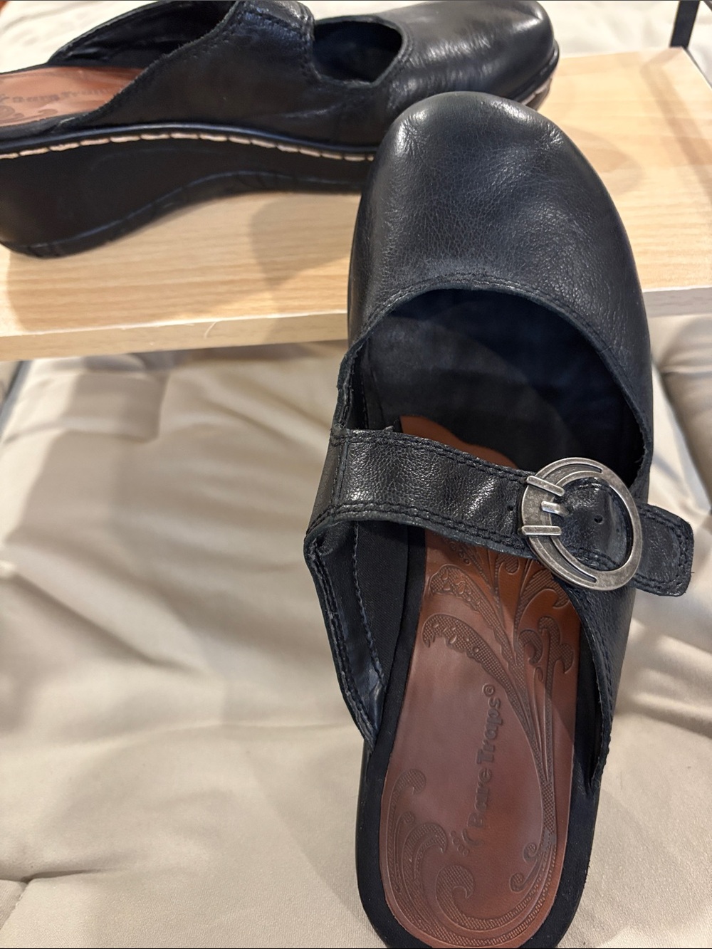 BareTraps Black Leather Mary Jane Mule with Round Buckle